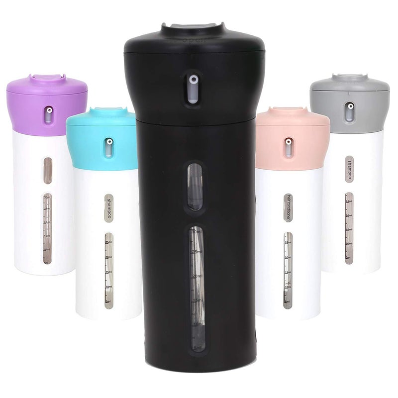Travigo 4in1 Travel Bottle Dispenser TSA Approved Includes Four Empty Reusable 14 oz 40 mL Cosmetic Toiletry Containers for Sanitizer Soap Lotions Skincare Makeup Products Black