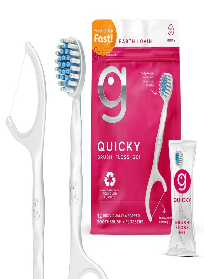 Grin Quicky Disposable Toothbrush with Flosser, Pre-Pasted Soft Bristles, No Water Needed, Individually Wrapped Travel Toothbrush Kit, Mint Flavor, 12 Count - Image 1