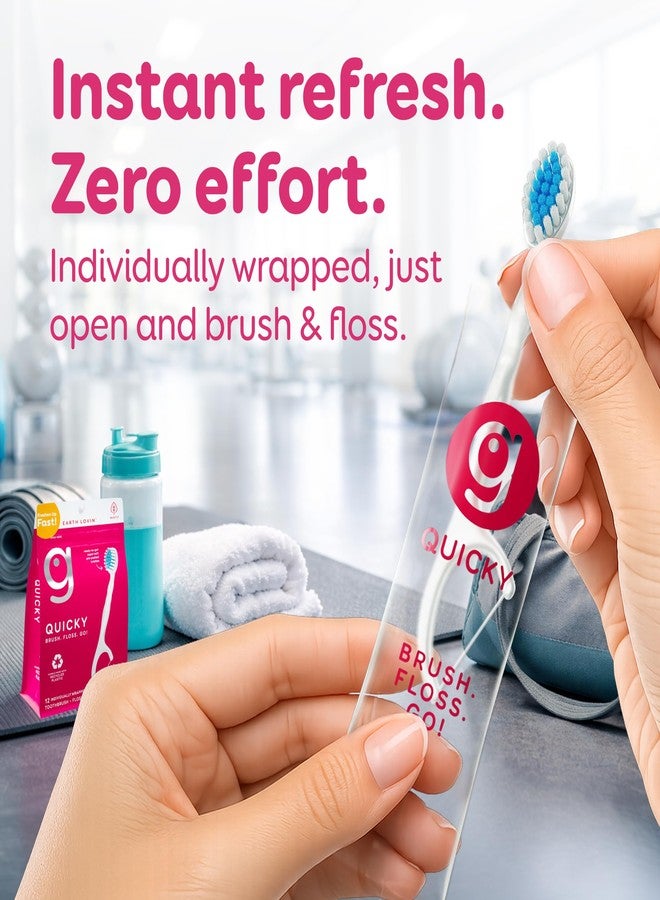 Grin Quicky Disposable Toothbrush with Flosser, Pre-Pasted Soft Bristles, No Water Needed, Individually Wrapped Travel Toothbrush Kit, Mint Flavor, 12 Count - Image 4