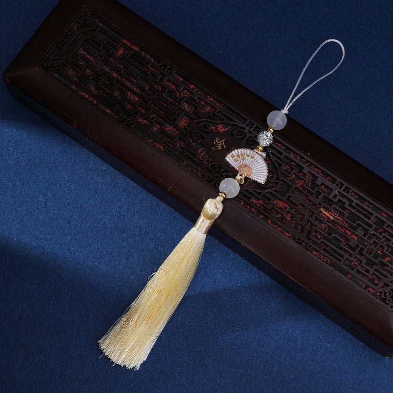 Generic Diamond Ball white fan tassel tassel Palace style cheongsam hanging tassel Han clothing accessories car hanging bag Press placket round beads hanging beard Beige