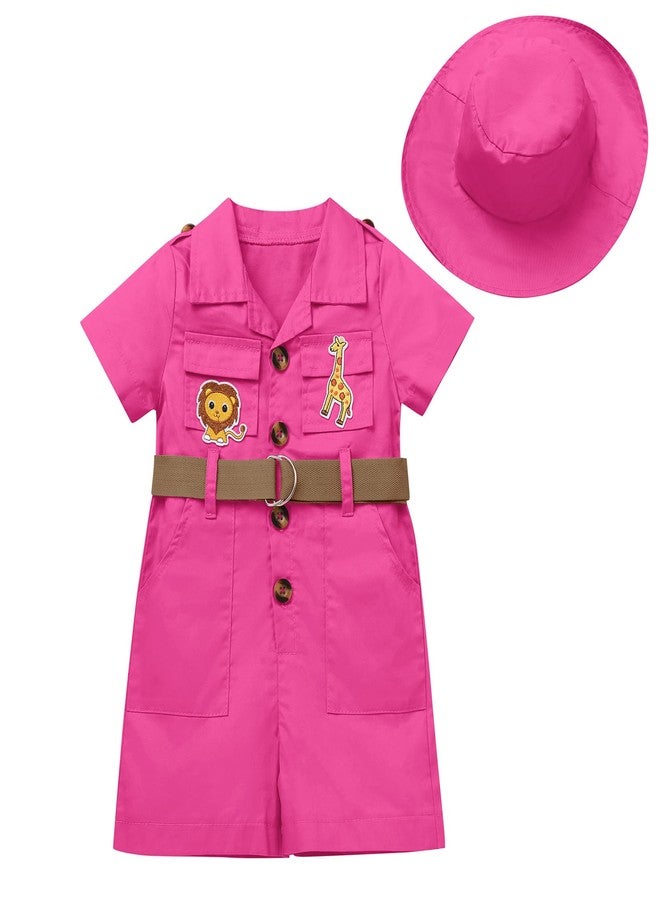 OBEEII Toddler Baby Safari Outfit Short Sleeve Jumpsuit Hat Explorer Set Zoo Keeper Romper Jungle Wild One Birthday Cake Smash Photoshoot Outfit Hot Pink 18-24 Months - Image 1