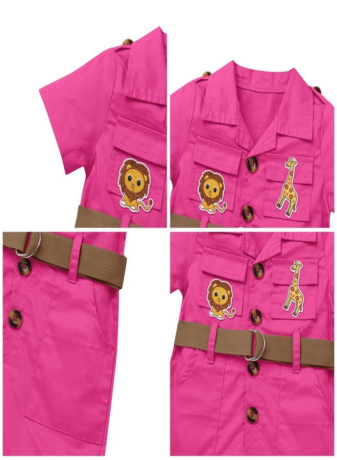 OBEEII Toddler Baby Safari Outfit Short Sleeve Jumpsuit Hat Explorer Set Zoo Keeper Romper Jungle Wild One Birthday Cake Smash Photoshoot Outfit Hot Pink 18-24 Months - Image 5