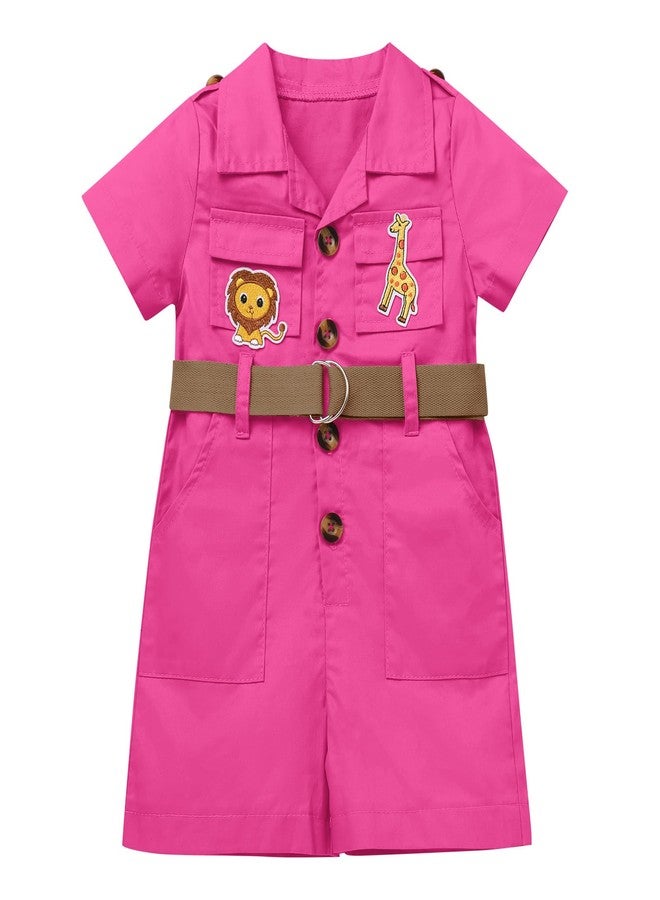 OBEEII Toddler Baby Safari Outfit Short Sleeve Jumpsuit Hat Explorer Set Zoo Keeper Romper Jungle Wild One Birthday Cake Smash Photoshoot Outfit Hot Pink 18-24 Months - Image 2