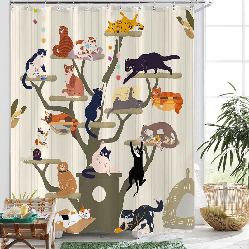 Fowocu Funny Cat Shower Curtain Cute Fun Cartoon Cat Tree Shower Curtains for Bathroom Boho Anime Kittens Kids Modern Farmhouse Waterproof Fabric Bath Curtain Decor 72 X 72 Inches - Image 4