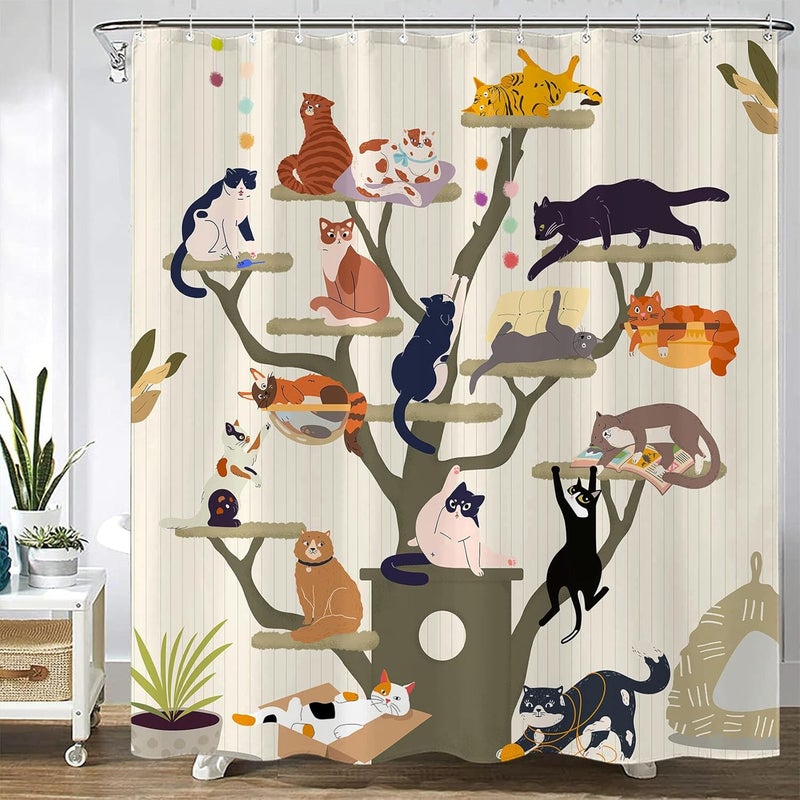 Fowocu Funny Cat Shower Curtain Cute Fun Cartoon Cat Tree Shower Curtains for Bathroom Boho Anime Kittens Kids Modern Farmhouse Waterproof Fabric Bath Curtain Decor 72 X 72 Inches - Image 1