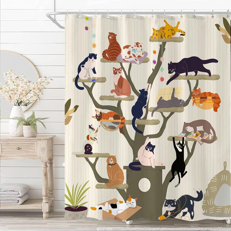 Fowocu Funny Cat Shower Curtain Cute Fun Cartoon Cat Tree Shower Curtains for Bathroom Boho Anime Kittens Kids Modern Farmhouse Waterproof Fabric Bath Curtain Decor 72 X 72 Inches - Image 2