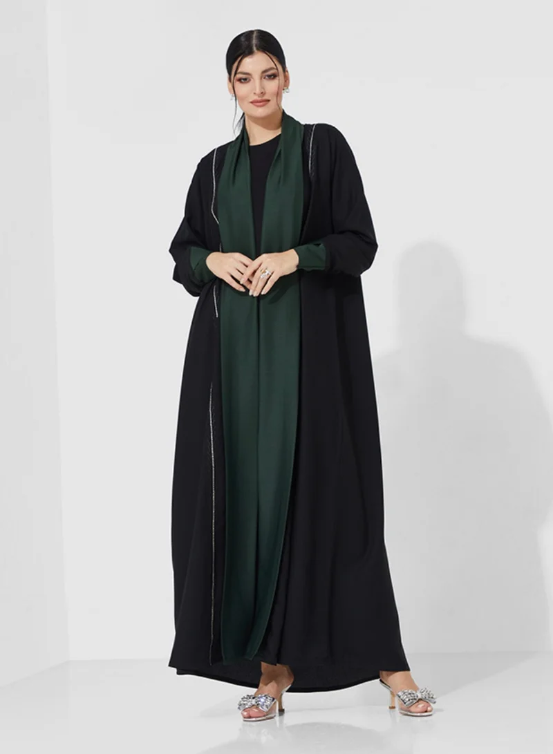 Rosette Abaya Open abaya with green design and white embroidery