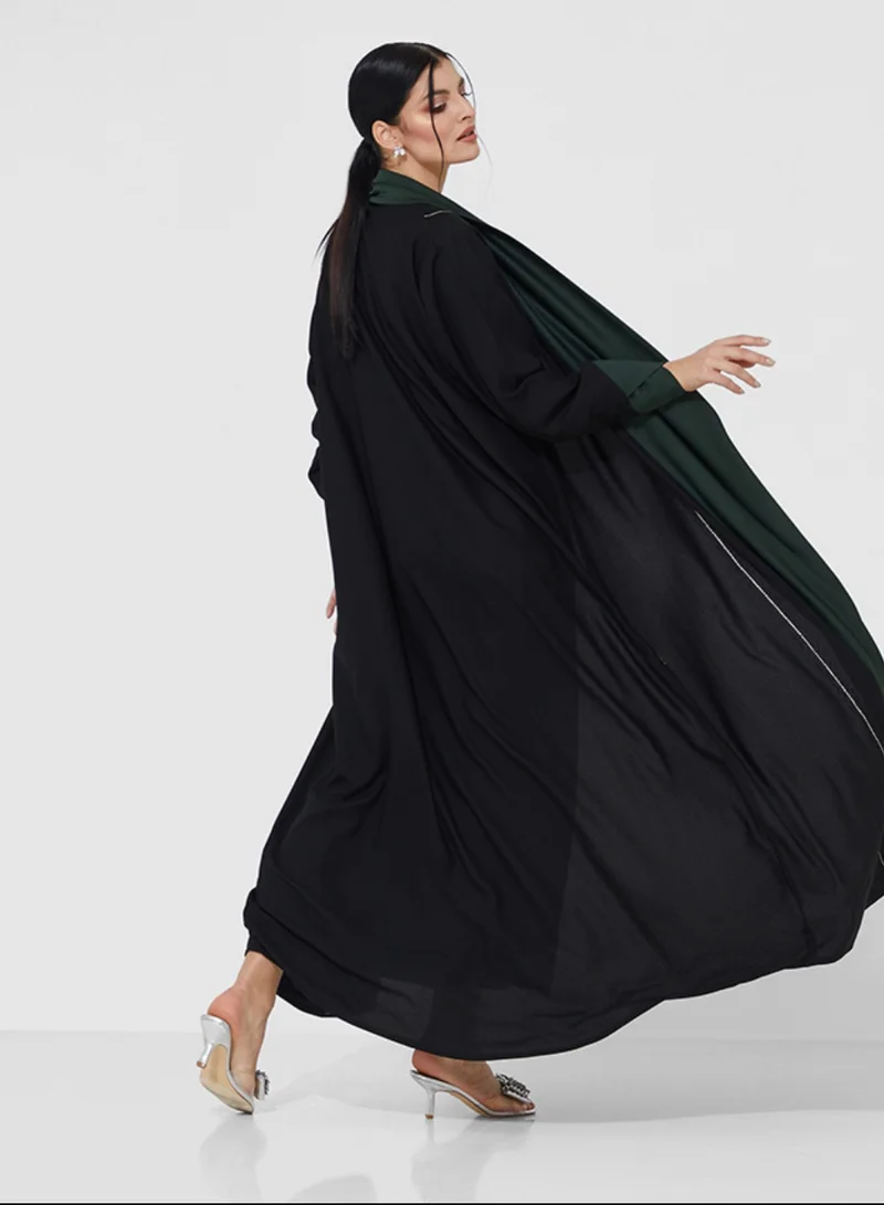 Rosette Abaya Open abaya with green design and white embroidery