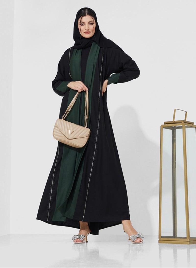 روزيت عباية عباية مفتوحة بتصميم أخضر وتطريز بخطوط بيضاء - Image 1