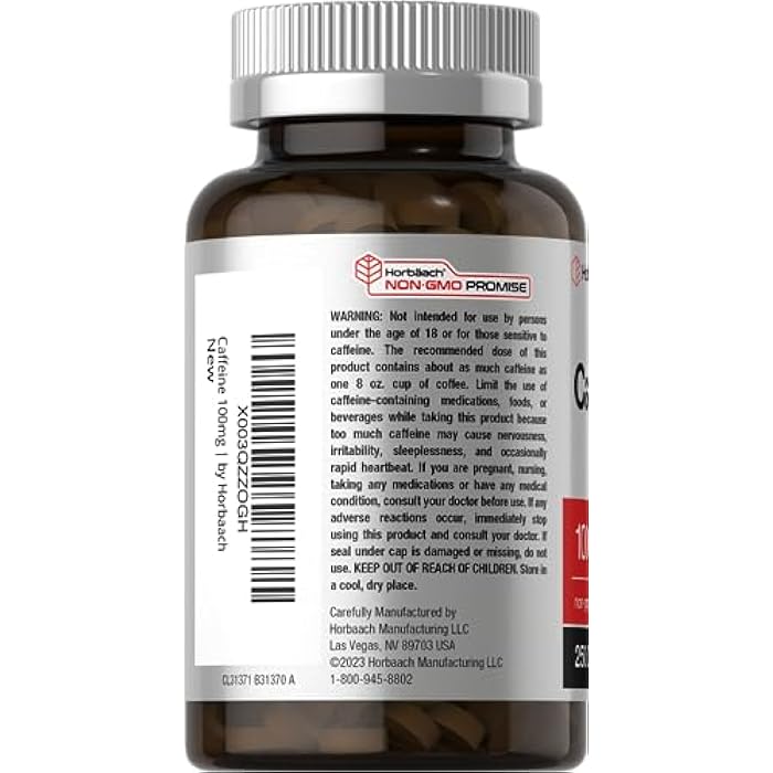 Horbäach Caffeine Pills 100mg | 250 Tablets | Vegetarian Formula | Non-GMO, Gluten Free Supplement - Image 3