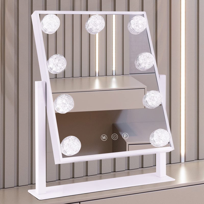 BWLLNI Vanity Mirror with Lights Hollywood Lighted Makeup Mirror with 3 Color Modes and 9 Dimmable Diamond LED Light Bulbs Detachable 10X Magnification 360 Rotation Touch Control White