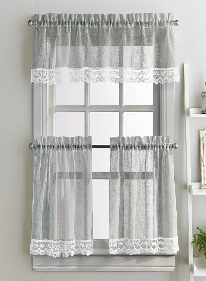 CHF Delicate Lace 3-Piece Kitchen Curtain Tier and Valance Set, Grey - Image 1