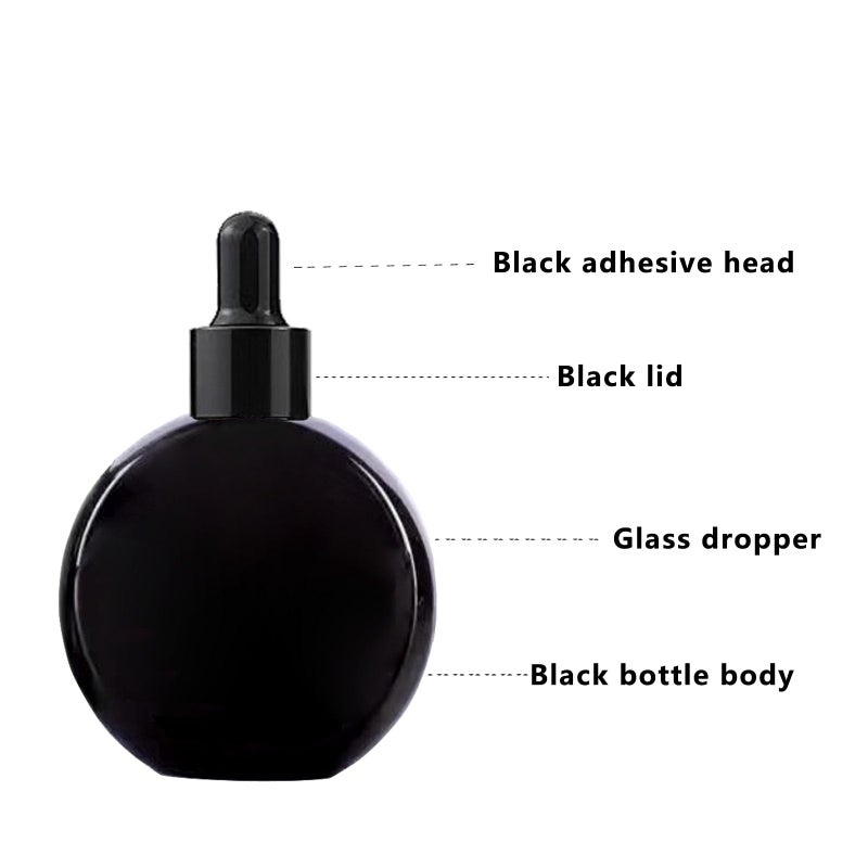 PYAWI 6Pcs,2 oz Black Glass Dropper Bottles for Essential Oils,60ml flat round perfume bottle with Eye Droppers,for Essential Oils,Perfumes, Serums,Leakproof for Travel (Black) - Image 3