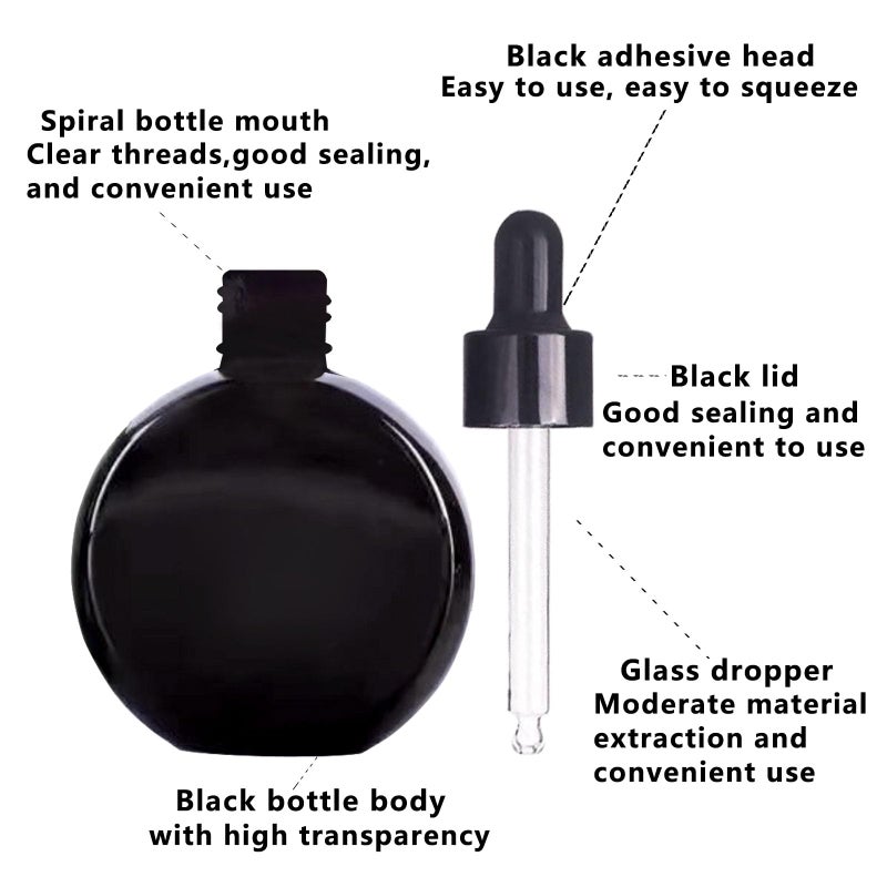 PYAWI 6Pcs,2 oz Black Glass Dropper Bottles for Essential Oils,60ml flat round perfume bottle with Eye Droppers,for Essential Oils,Perfumes, Serums,Leakproof for Travel (Black) - Image 2