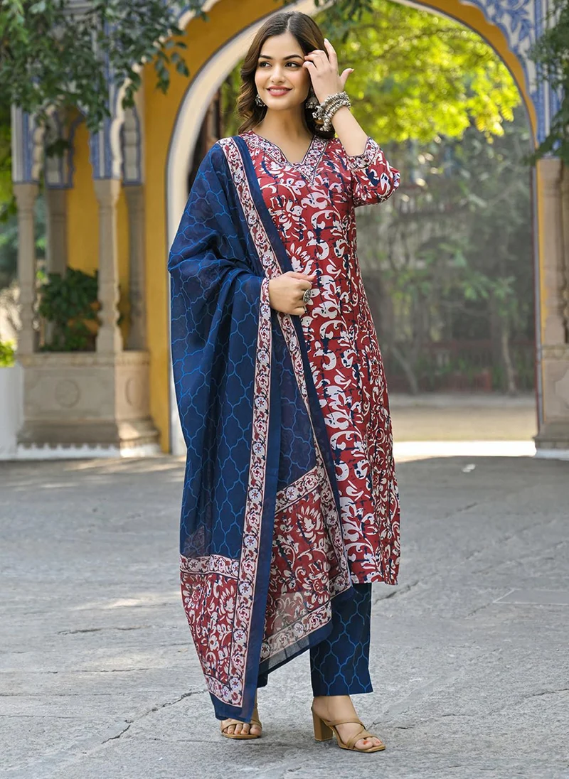 زيري سوق Maroon Rayon Blend Motifs Printed 3-Piece Straight Kurta Set