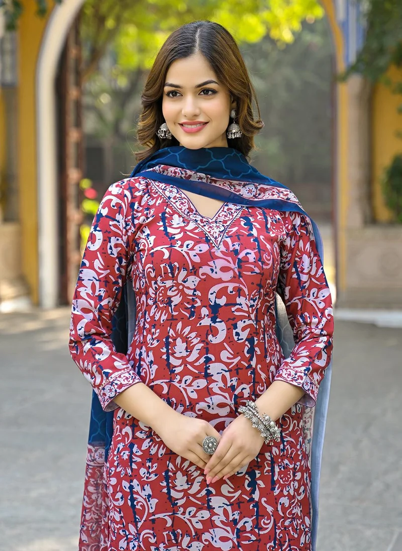 زيري سوق Maroon Rayon Blend Motifs Printed 3-Piece Straight Kurta Set