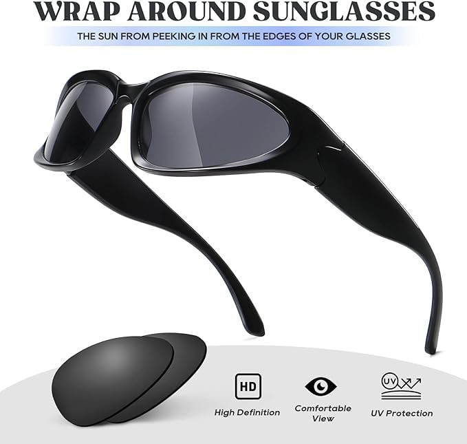 Dark Wost Wrap Around Y2K Sports Sunglasses for Men Women Fashion Oval Thick Frame Sun Glasses Stylish Sport Wrap Shades (Black/Grey) - Image 2