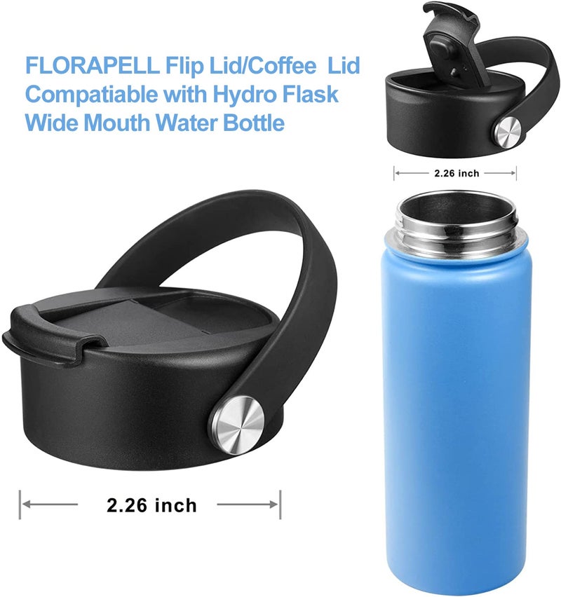 FLORAPELL غطاء قابل للطي لزجاجة هايدرو فلاسک ذات الفم العريض، أغطية بمقبض مرن لزجاجة هايدرو فلاسک 12 16 20 32 40 64 أونصة، غطاء بديل لفتحة الشرب، سهل الحمل، مقاوم للتسرب، ملحقات زجاجة خالية من BPA، أسود - Image 5