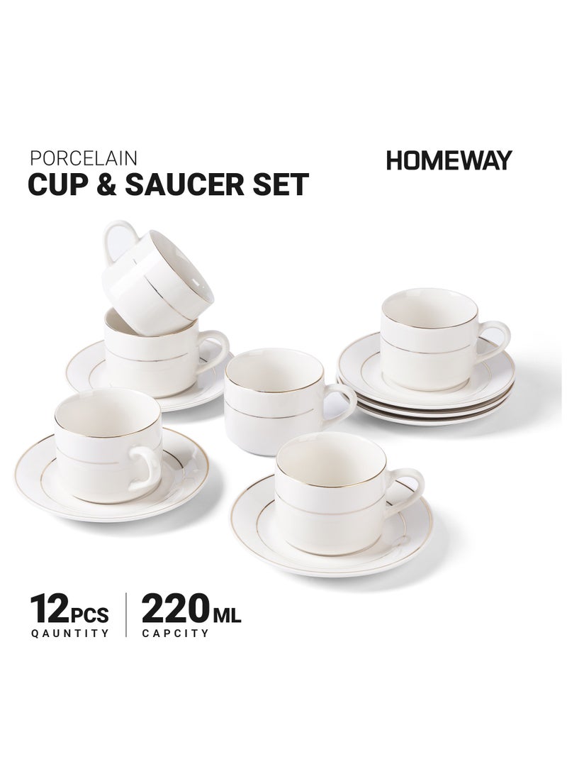Homeway Classy-Bright Porcelain 6-Piece Cup & Saucer Set – Elegant Tea and Coffee Mugs with Saucers, Premium Ceramic Drinkware for Home and Office - Image 1