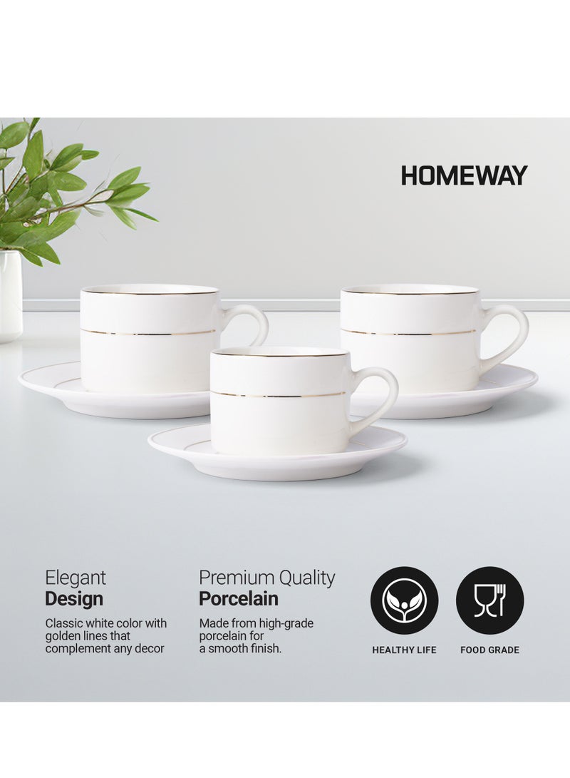 Homeway Classy-Bright Porcelain 6-Piece Cup & Saucer Set – Elegant Tea and Coffee Mugs with Saucers, Premium Ceramic Drinkware for Home and Office - Image 4