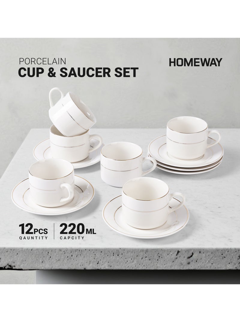 Homeway Classy-Bright Porcelain 6-Piece Cup & Saucer Set – Elegant Tea and Coffee Mugs with Saucers, Premium Ceramic Drinkware for Home and Office - Image 2