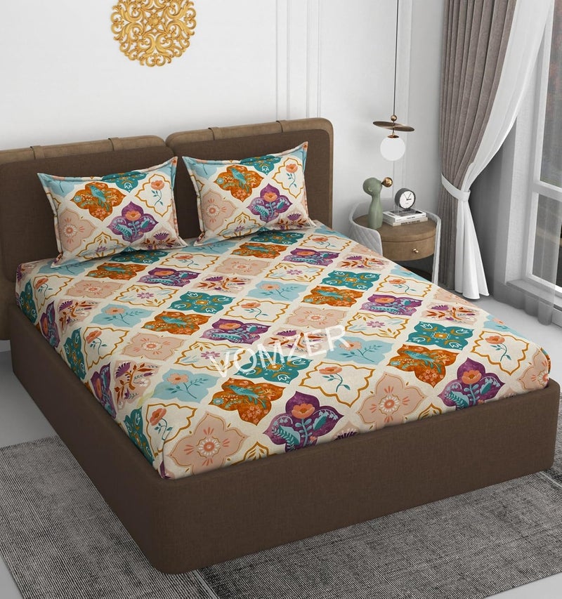 VOMZER 320 TC Cotton Feel All Around Elastic Fitted Bedsheets King Size, Premium Fitted Bedsheets King Size for Double Bed with 2 Pillow Covers, Size- 78” x 72” (Multi Color) - Image 2