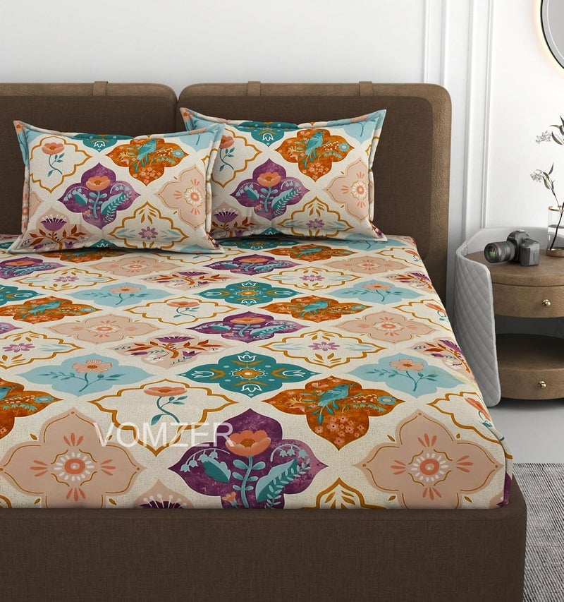 VOMZER 320 TC Cotton Feel All Around Elastic Fitted Bedsheets King Size, Premium Fitted Bedsheets King Size for Double Bed with 2 Pillow Covers, Size- 78” x 72” (Multi Color) - Image 1