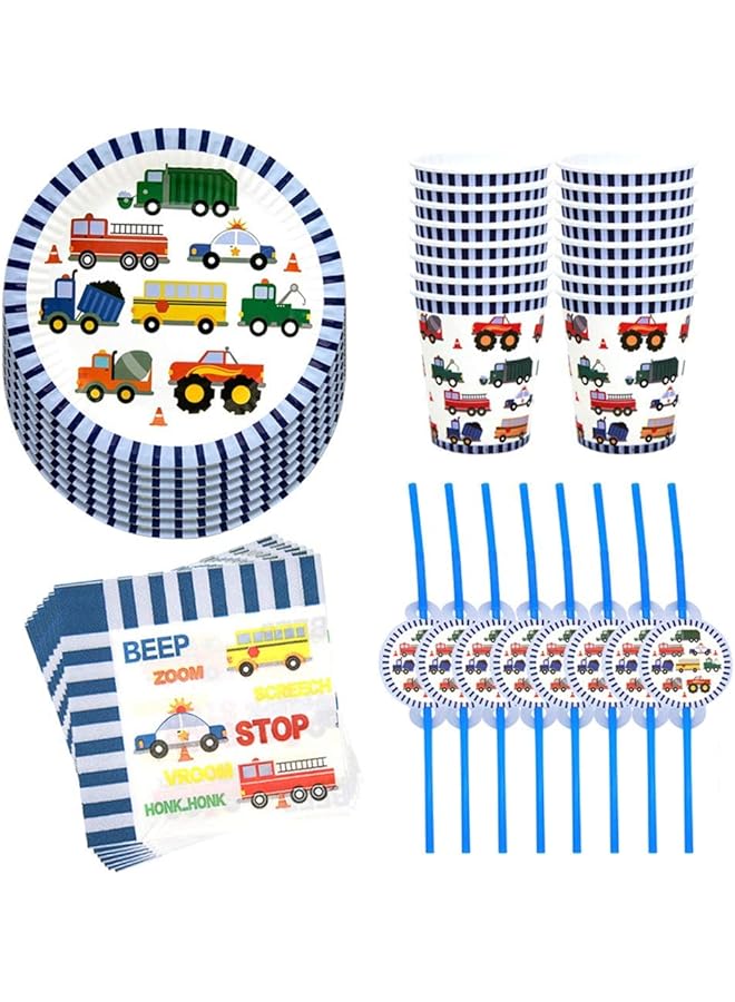 KASTWAVE 50Pcs In 1 Set Engineering Vehicle Theme Disposable Tableware, Paper Cup Plates Dinnerware Set Car Printing Napkins Straw Set Baby Boy Birthday Party Supplies Party Supply - Image 3