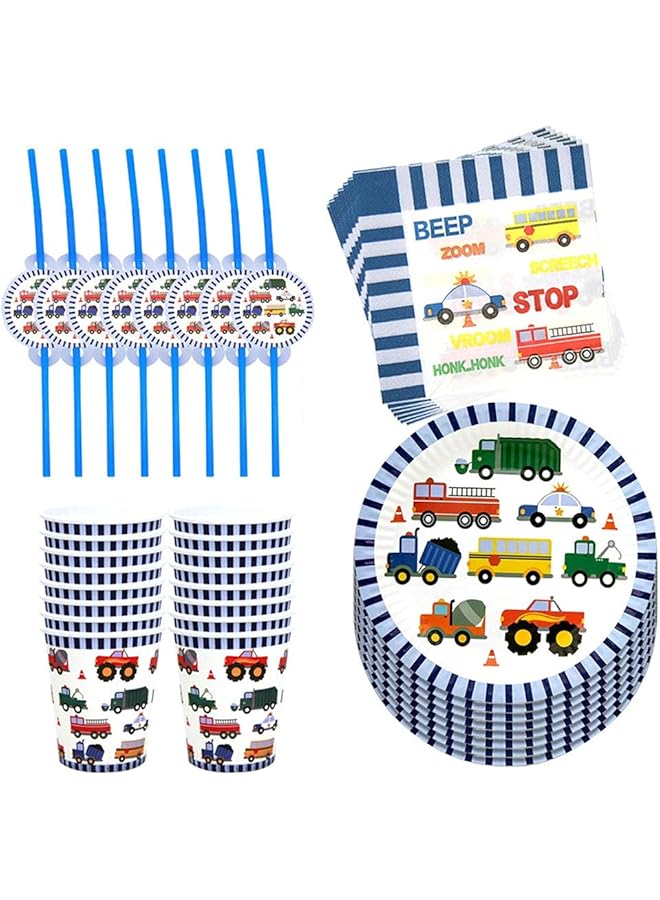 KASTWAVE 50Pcs In 1 Set Engineering Vehicle Theme Disposable Tableware, Paper Cup Plates Dinnerware Set Car Printing Napkins Straw Set Baby Boy Birthday Party Supplies Party Supply - Image 1