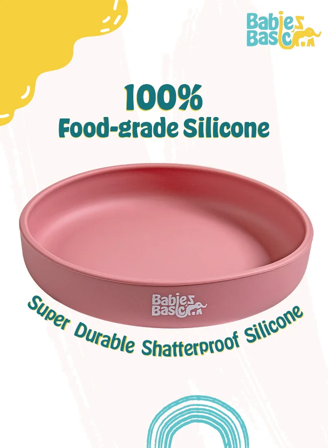 Babies Basic Babies Basic Silicone Feeding Set with Silicone Suction Plate, Spoon and Fork  - Pink
