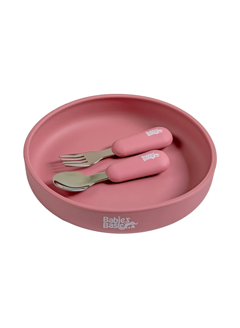Babies Basic Babies Basic Silicone Feeding Set with Silicone Suction Plate, Spoon and Fork  - Pink