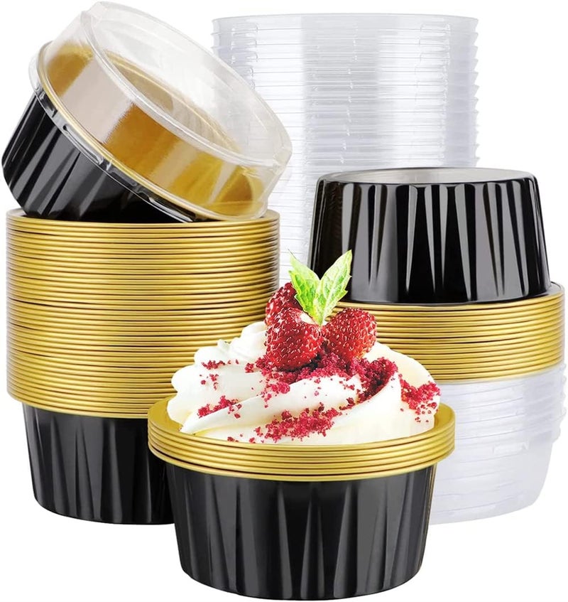 Luckam Mini Aluminum Pans with Lids, 60pcs 5oz Disposable Aluminum Foil Cupcake Liners Ramekins Baking Cups, Dessert Cups with Lids Aluminum Foil Cupcake Holders Cheesecake Pan Dessert Containers(Black Gold) - Image 1
