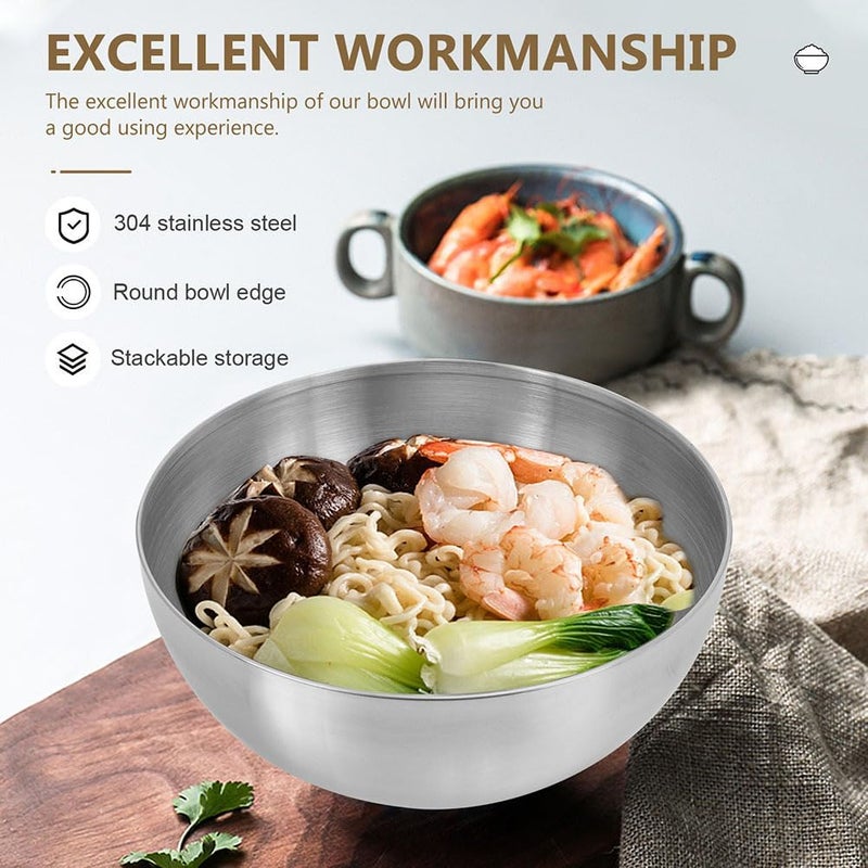 Luxshiny 2pcs Korean Stainless Steel Bowls, Metal Serving Bowl Small Mixing Bowl Salad Bowls Dessert Bowls Kitchen Prep Bowl for Cereal Noodle Ramen Snacks Silver - Image 3