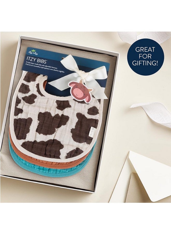 إيتزي ريتزي مجموعة من 3 مرايل أطفال من Itzy Ritzy - مرايل فائقة النعومة وقابلة للتعديل للأطفال الرضع والأطفال الصغار مصنوعة من قماش موسلين قطني ثلاثي الطبقات، مثالية للعاب والتسنين والأكل - 3 طبعات أنيقة ومتناسقة (طبعة بقرة) - Image 4