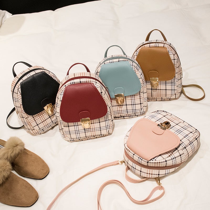 Women'S Bag 2020 New Plaid Contrast Color Pu Cover Lock Small Backpack Fashion Casual Mobile Phone Bag Small Bag - Image 2