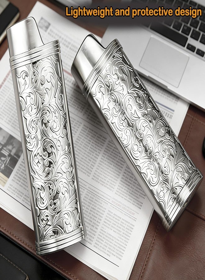 Ciomszan 2pcs Metal Lighter Case Cover Holder with Vintage Floral Pattern, Silver Finish, Compatible with BIC Full Size J6 Lighters (Silver) - Image 3