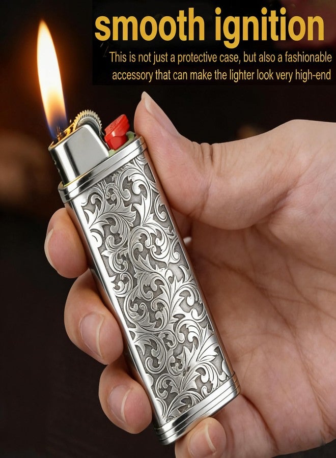 Ciomszan 2pcs Metal Lighter Case Cover Holder with Vintage Floral Pattern, Silver Finish, Compatible with BIC Full Size J6 Lighters (Silver) - Image 5