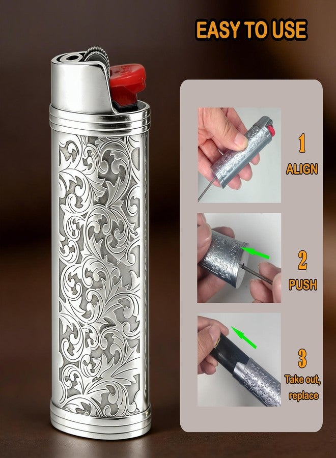Ciomszan 2pcs Metal Lighter Case Cover Holder with Vintage Floral Pattern, Silver Finish, Compatible with BIC Full Size J6 Lighters (Silver) - Image 4