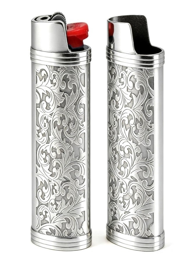 Ciomszan 2pcs Metal Lighter Case Cover Holder with Vintage Floral Pattern, Silver Finish, Compatible with BIC Full Size J6 Lighters (Silver) - Image 1