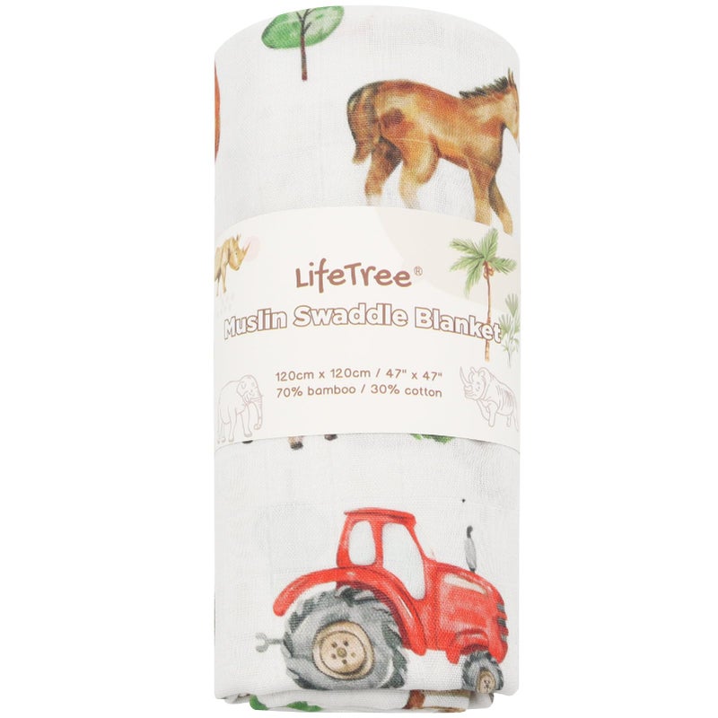 Lifetree Muslin Swaddle Blankets  Baby Swaddles Blanket For Boys Girls Newborn Nursery  Soft Large 47"" X 47""  Farm Animals  70% Viscose From Bamboo And 30% Cotton - Image 5