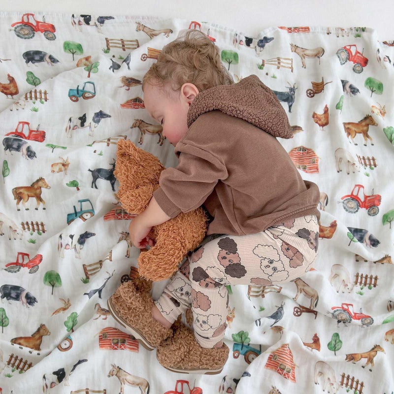 Lifetree Muslin Swaddle Blankets  Baby Swaddles Blanket For Boys Girls Newborn Nursery  Soft Large 47"" X 47""  Farm Animals  70% Viscose From Bamboo And 30% Cotton - Image 3