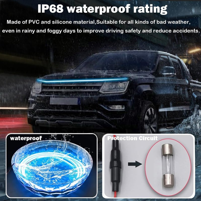 شريط إضاءة غطاء المحرك للسيارة، شريط إضاءة LED ديناميكي للسيارة، شريط إضاءة LED للسيارة بطول 70 بوصة، شريط إضاءة نهارية مرن خارجي للسيارات، الشاحنات، SUV (أزرق جليدي) - Image 2