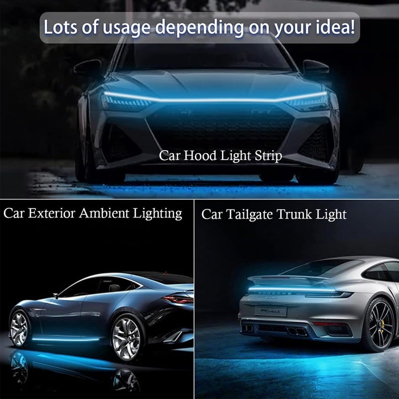 شريط إضاءة غطاء المحرك للسيارة، شريط إضاءة LED ديناميكي للسيارة، شريط إضاءة LED للسيارة بطول 70 بوصة، شريط إضاءة نهارية مرن خارجي للسيارات، الشاحنات، SUV (أزرق جليدي) - Image 5
