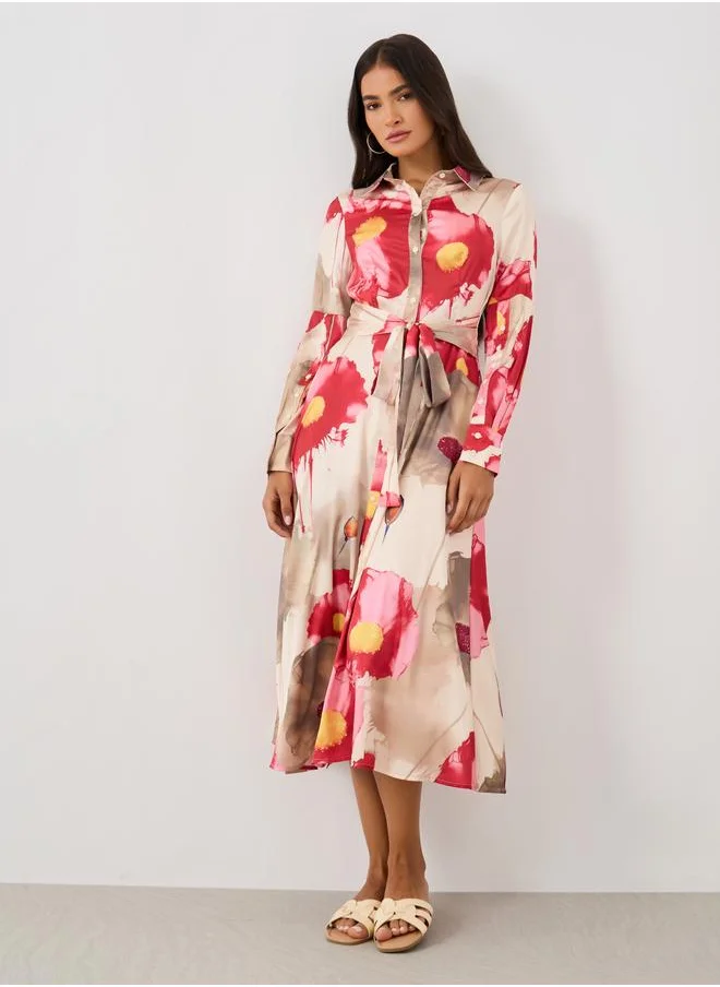 Styli Styli Printed Long Sleeve Shirt Midi Dress