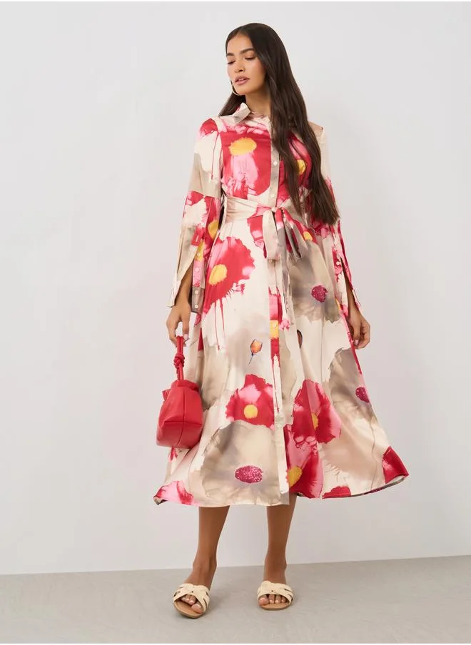 Styli Styli Printed Long Sleeve Shirt Midi Dress