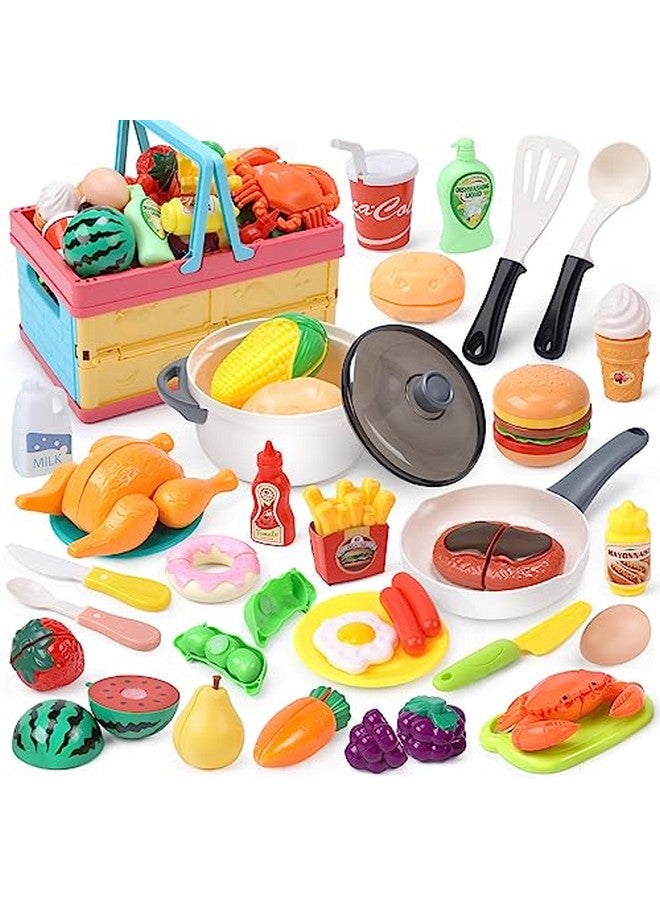 HOLYFUN Play Food Toy Set For Kids Kitchen Shopping Basket With Cutting Fruit & Vegetables Accessories Pot And Pan Plastic Dishes Toddler Play Kitchen Accessories Educational Toys For Boys Girls - Image 1