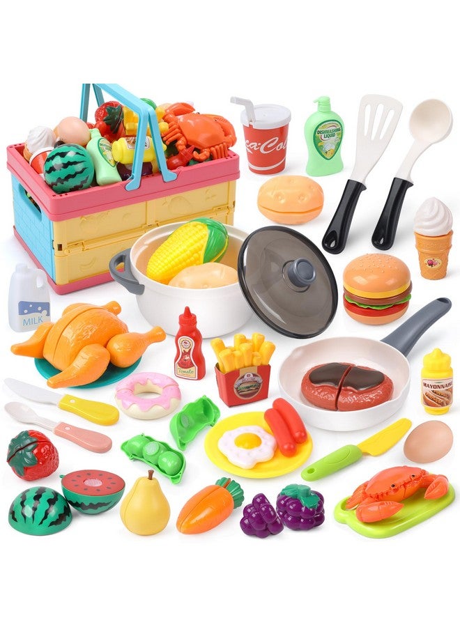 HOLYFUN Play Food Toy Set For Kids Kitchen Shopping Basket With Cutting Fruit & Vegetables Accessories Pot And Pan Plastic Dishes Toddler Play Kitchen Accessories Educational Toys For Boys Girls - Image 2