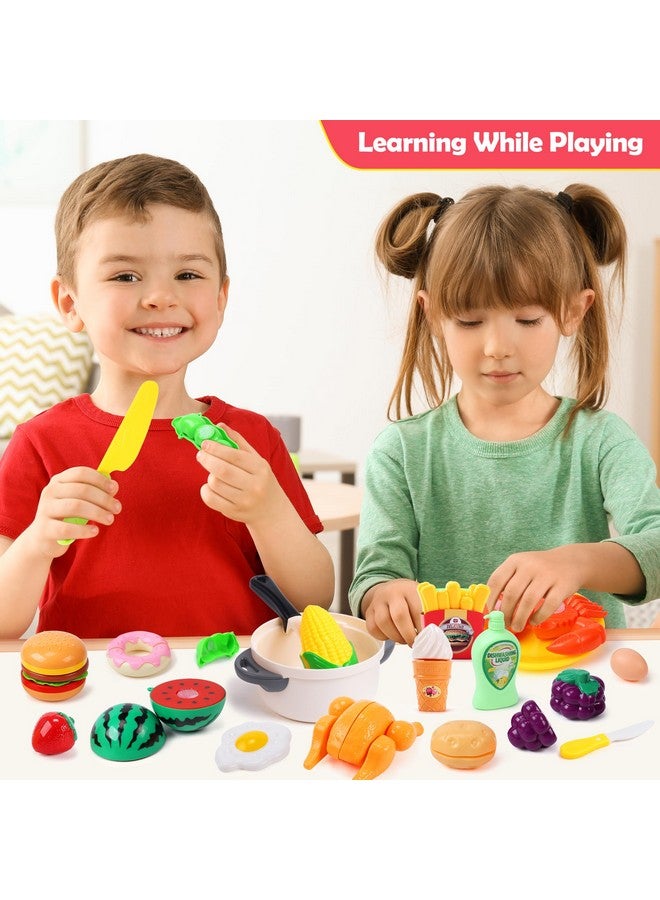 HOLYFUN Play Food Toy Set For Kids Kitchen Shopping Basket With Cutting Fruit & Vegetables Accessories Pot And Pan Plastic Dishes Toddler Play Kitchen Accessories Educational Toys For Boys Girls - Image 3