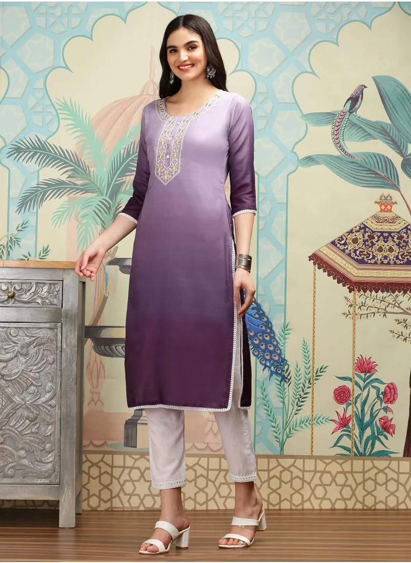 ISHIN White Ombre Dyed Floral Yoke Design Regular Thread Work Straight Kurta With Trousers