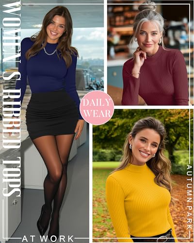 Riyiper 3 Pack Womens Ribbed Shirts Mock Turtleneck Long Sleeve Tops Slim Fitted Undershirts Casual Basic Layering TeesRose Red Yellow Navy BlueSmall - Image 3